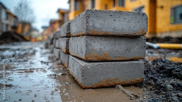 Obraz Stacked gray concrete pavers on a construction site