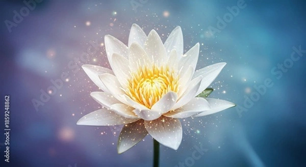 Obraz 柔らかな光を浴びて輝く白い蓮 神秘的な青い背景で光の粒子が優雅に舞う幻想的な美しさ. AI Generated