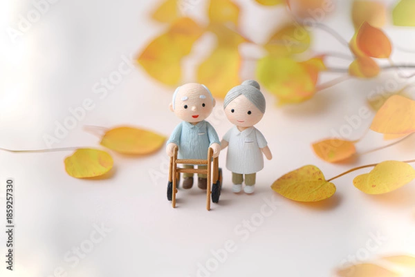 Obraz 紅葉の中を散歩する車椅子と介護士のやさしい時間／まみおデザイン福祉シリーズ
