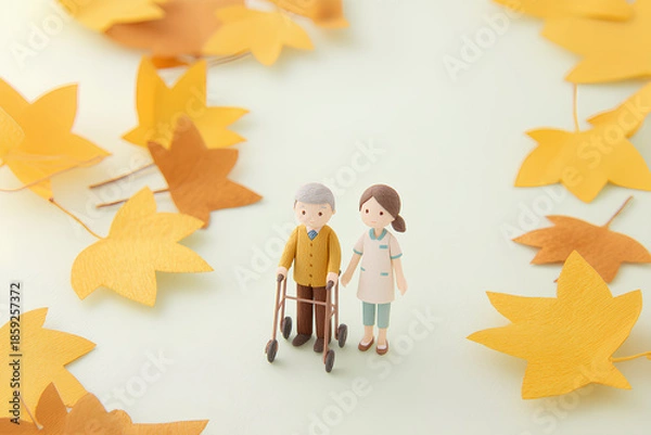 Obraz 紅葉の中を散歩する車椅子と介護士のやさしい時間／まみおデザイン福祉シリーズ
