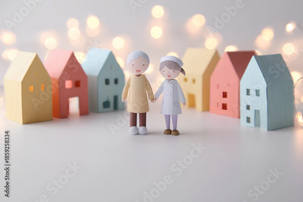 Obraz 街の灯りに包まれるリハビリ中の高齢者と介護士／まみおデザイン福祉シリーズ
