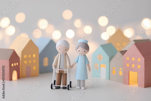 Obraz 街の灯りに包まれるリハビリ中の高齢者と介護士／まみおデザイン福祉シリーズ
