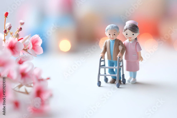 Obraz 桜の花に包まれてリハビリする高齢者と介護士／まみおデザイン福祉シリーズ
