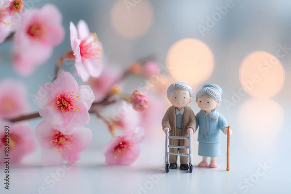 Obraz 桜の花に包まれてリハビリする高齢者と介護士／まみおデザイン福祉シリーズ
