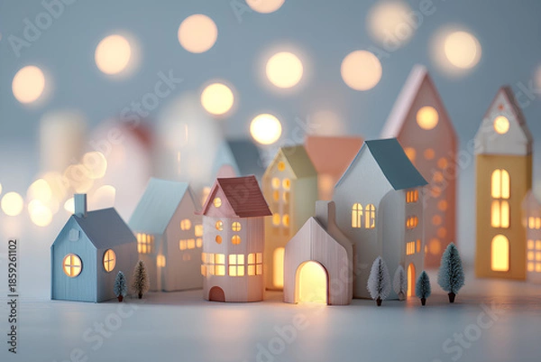 Obraz 街の灯りに包まれたかわいい住宅とやさしい街並み／まみおデザイン街並みシリーズ
