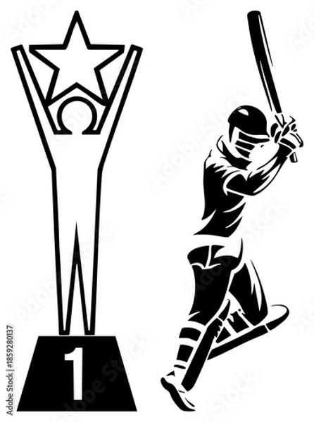 Obraz baseball player swinging bat next to first place trophy