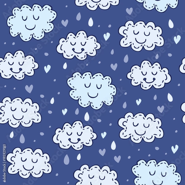 Obraz Blue seamless pattern with cute clouds. Childrens shiny background. Can be used for textile, website background, book cover, packaging.