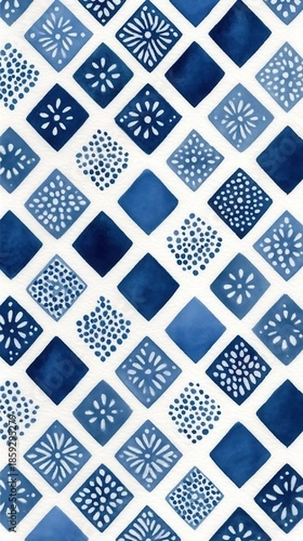 Obraz Indigo Watercolor Geometric Background, Navy Tribal Diamond Pattern, Minimalist Blue Zigzag Illustration,Geometric, Tribal, Pattern,