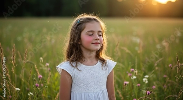 Obraz 夕暮れの柔らかな光が降り注ぐ風に揺れる広々とした色とりどりの花咲く草原で無邪気な少女が目を閉じ穏やかな微笑みを浮かべ至福を感じている温かい黄金色の光が彼女の髪を優しく包み込み輝かせ心を深く満たす穏やかな瞬間. AI Generated