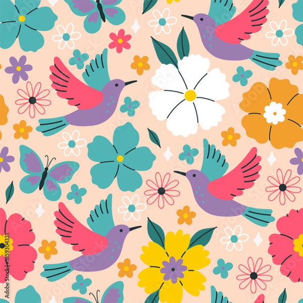 Obraz Seamless pattern with birds and flowers. Vector graphics.