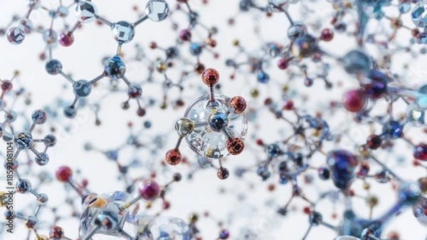 Fototapeta Molecules Floating in Space, Interconnected Molecular Structure on White Background