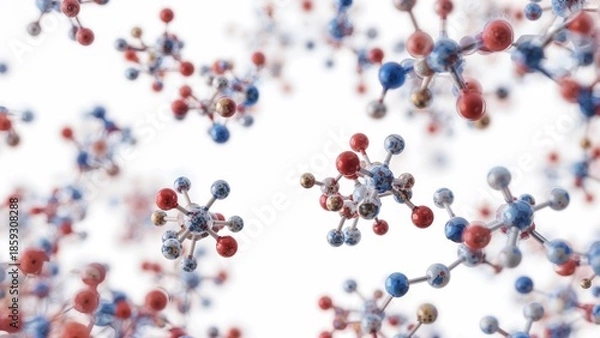 Fototapeta Molecules Floating in Space, Interconnected Molecular Structure on White Background