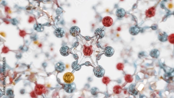 Fototapeta Molecules Floating in Space, Interconnected Molecular Structure on White Background