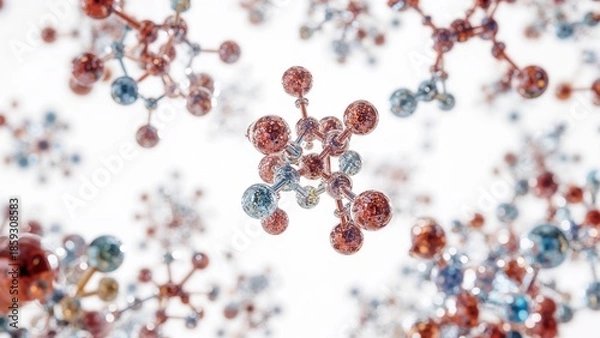 Fototapeta Molecules Floating in Space, Interconnected Molecular Structure on White Background