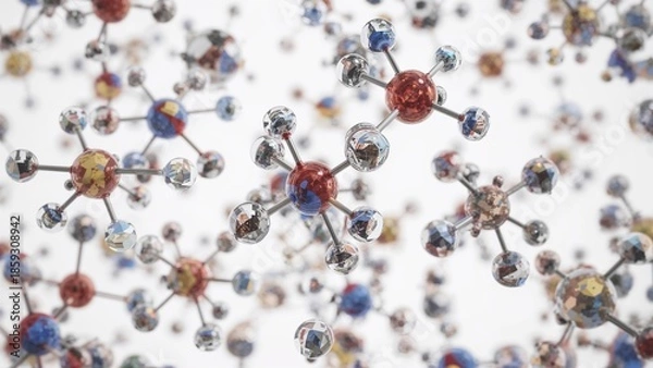 Fototapeta Molecules Floating in Space, Interconnected Molecular Structure on White Background