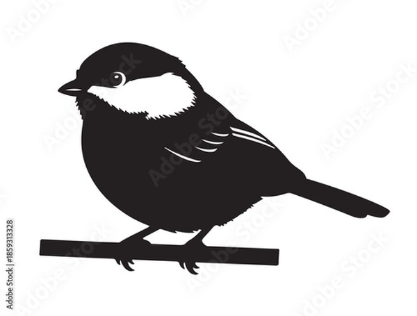 Fototapeta Chickadee in silhouette white background. 