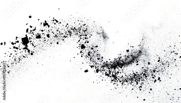 Obraz Black particles exploding in dynamic motion on white background
