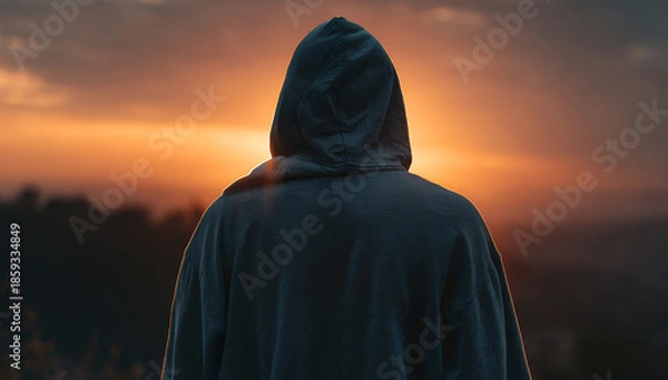 Obraz Mysterious Figure Contemplating a Dramatic Sunset - A Study in Silhouette.