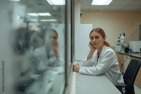 Obraz A young scientist sitting at a laboratory table looking thoughtful and focused on her work