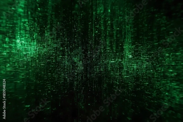 Obraz A dark background with green code streaming down in a digital matrix