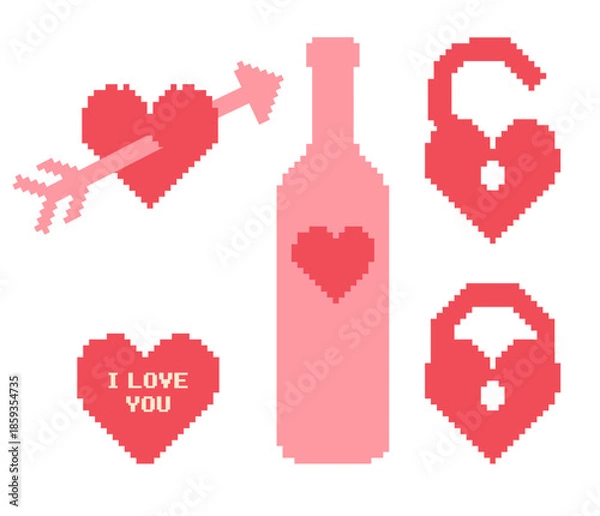 Fototapeta Pixel art valentine icons set with hearts, arrow, bottle message and love symbols. Retro 8 bit style romantic graphics for cards, games, stickers and holiday design.