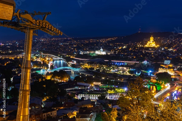 Obraz Tbilisi Night Cityscape From Cable Car Pole With Sameba Cathedral