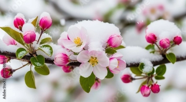Obraz Blooming Branch in Snow: A vibrant display of delicate pink blossoms and buds on a branch, beautifully contrasted against a soft blanket of fresh snow, highlighting the resilience of life in winter.