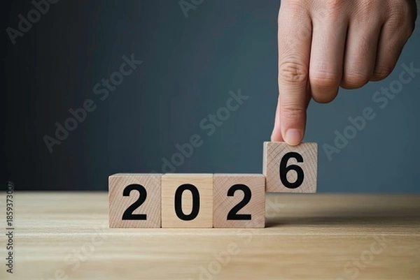 Obraz Hand places wooden block to display the year 2026, symbolizing future planning isolated on dark background.
