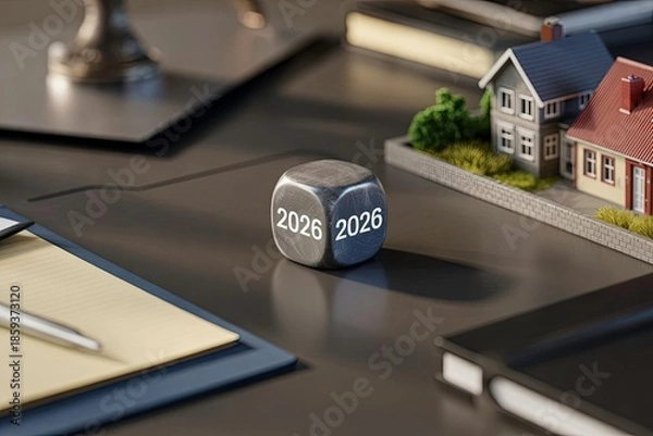 Obraz Dice showing year 2026 on office desk