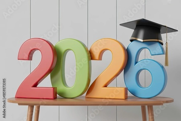 Obraz Colorful 3D numbers marking the year 2026 with a graduation cap isolated on white.