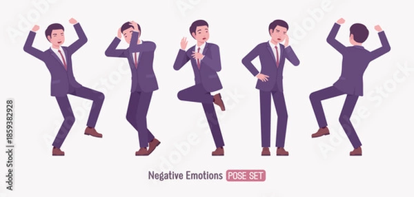 Obraz Stylish asian businessman in formal suit negative emotions pose set. Male top manager elegant office interview outfit business look, angry confident executive. Vector flat style cartoon illustration