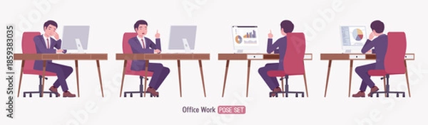 Obraz Stylish asian businessman in formal suit working at desk pose set. Male top manager elegant office interview outfit business look, busy confident executive. Vector flat style cartoon illustration