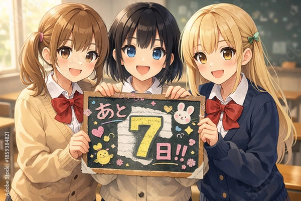 Obraz 残り7日のカウントダウンを知らせるアニメ美少女3人　教室で黒板を持つ可愛い学生イラスト
