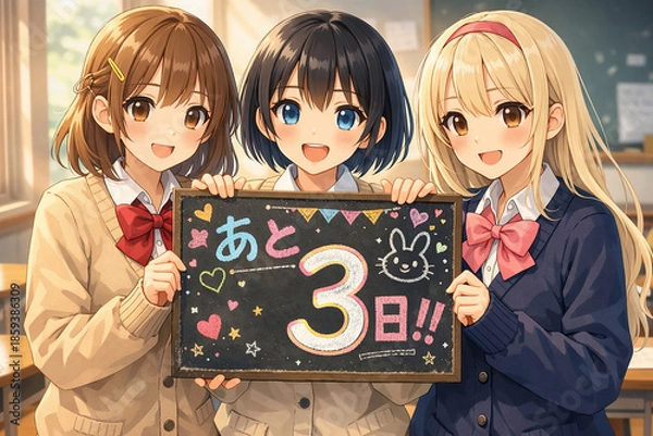 Obraz あと3日のカウントダウンをするアニメ美少女3人　教室で黒板を持つ可愛い学生イラスト
