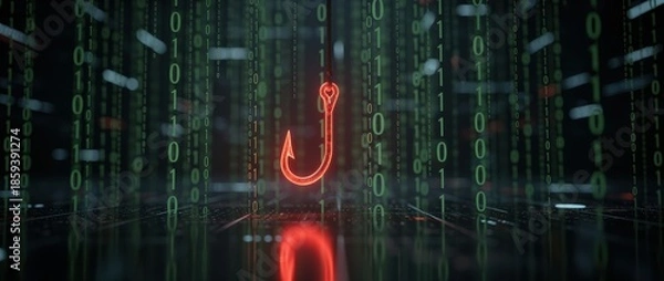 Obraz A digital scene featuring a glowing hook amidst cascading binary code, symbolizing cybersecurity threats like phishing.