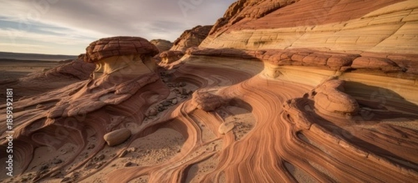 Obraz A stunning landscape featuring layered sandstone formations with unique textures and colors under a soft sky, showcasing natural beauty and geological wonders.