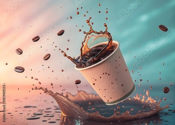 Obraz Floating Coffee Cup Splash Dynamic Beverage Concept