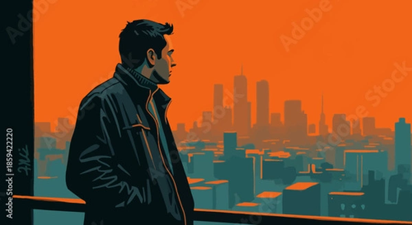 Obraz Man Looking Over City At Sunset