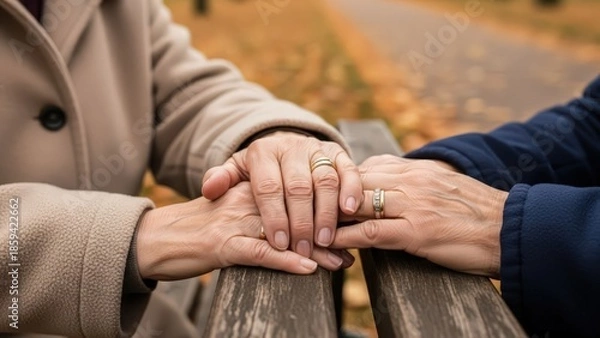 Fototapeta Couple Holding Hands on Bench.