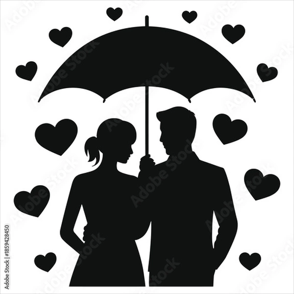 Obraz Romantic couple silhouette standing under an umbrella protected from a rain of falling hearts. Vector illustration of man and woman in love isolated on white background. Happy Valentine's day concept