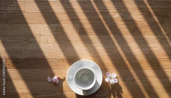 Fototapeta 日差しが差し込む木目テーブルの上の白い器と桜、上部に広いコピースペースがある落ち着いた和風背景素材