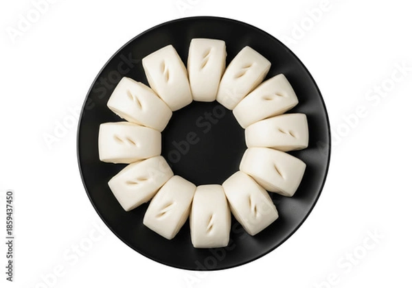 Obraz Steamed Buns Displayed on a Round Black Plate