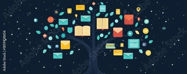 Obraz Knowledge tree with books, envelopes, and icons