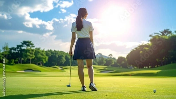 Obraz ゴルフを楽しむ女性 後ろ姿 16:9サイズ AI生成素材
