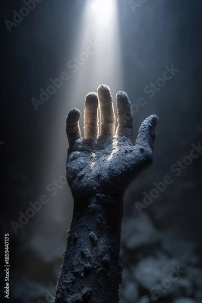 Obraz hand reaching up through dust and light