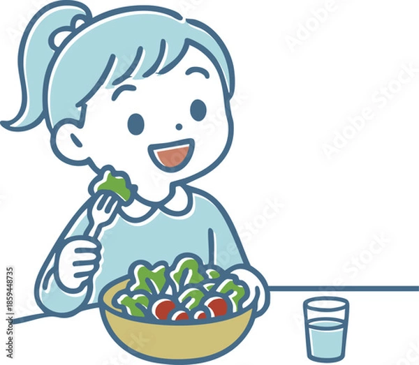 Obraz サラダを食べている笑顔の女の子