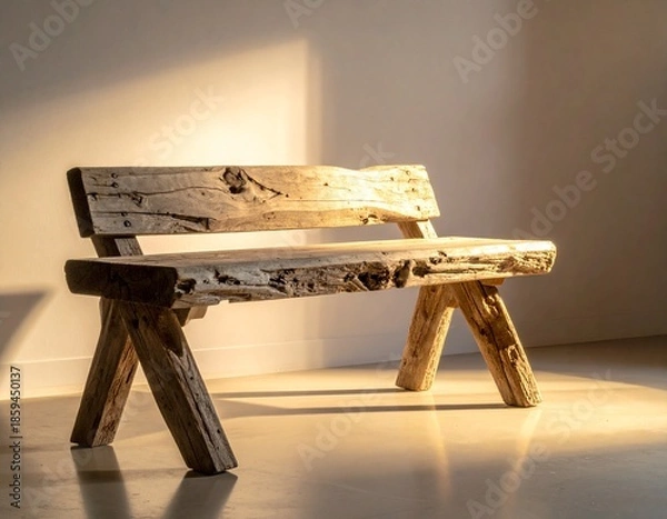 Obraz Rustic Bench Crafted from Driftwood with Warm Light Reflection