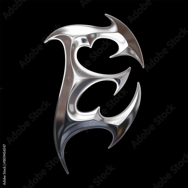 Obraz Chrome 3D tribal letter E with sharp curved forms