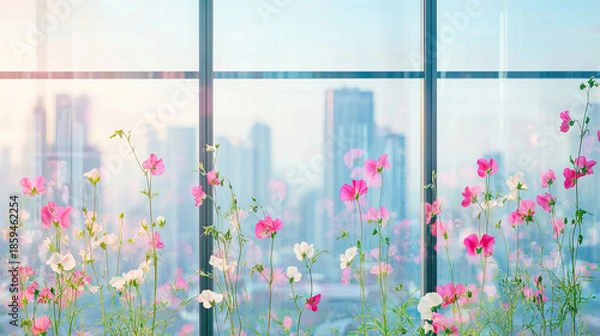 Obraz Large office window grid, each pane framed by thin stems of sweet pea flowers in pink and white
