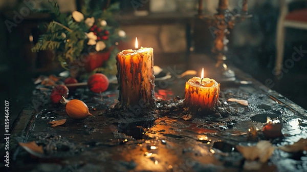 Obraz Memorial scene with warm candlelight, Flickering flames illuminate snowy altar setting